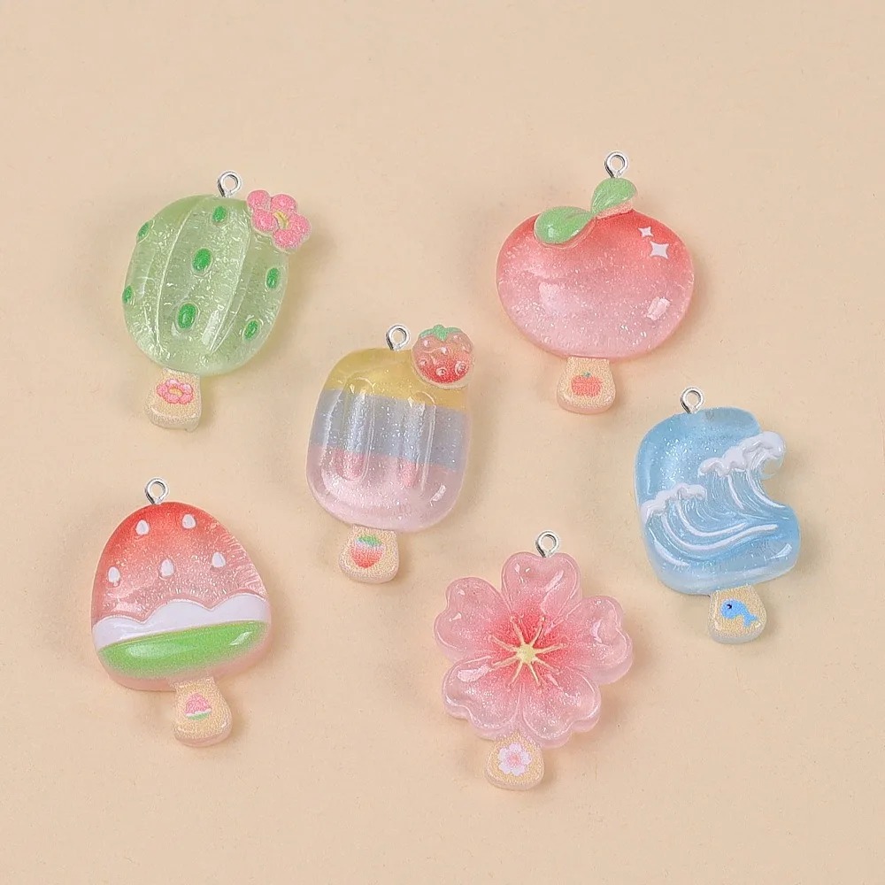 Resin Craft Material - จี้เรซิ่นรูปไอศกรีมฤดูร้อนน่ารัก 10 ชิ้น ลายกระบองเพชร ดอกพีช กลิตเตอร์